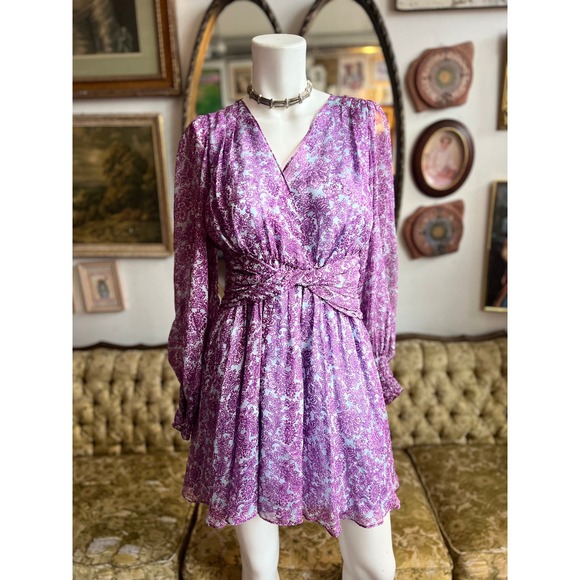 AMUR Twist-Front Dress Purple/Blue Printed Silk Chiffon Floral Dress Size 4 - Picture 2 of 11